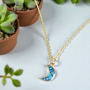 Dainty mosaic abalone moon necklace